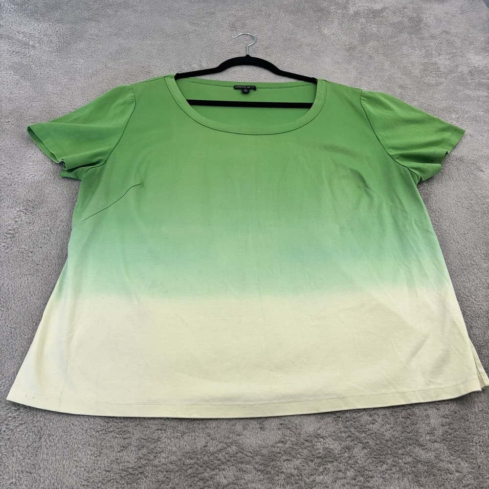Lafayette 148 Shirt Womens 1X Green Ombre Short Sleeve Scoop Neck Cotton Casual